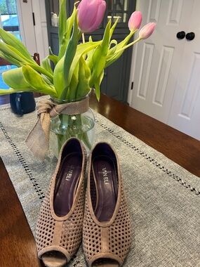 Vaneli Taupe Suede Perforated Peep-Toe Flats